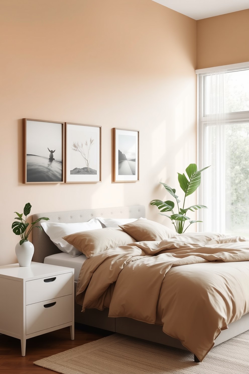 A serene bedroom featuring a large landscape art piece above the bed that evokes a sense of calm. The walls are painted in soft pastel colors, and natural light filters through sheer curtains, creating a tranquil atmosphere.