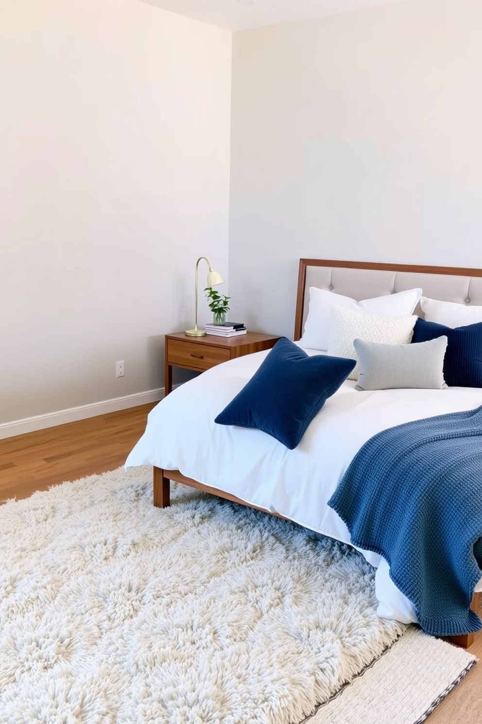 A serene zen bedroom featuring soft curved shapes in the decor. The bed has a rounded headboard upholstered in natural linen, complemented by circular bedside tables made of light wood. The walls are painted in a calming light beige, while a plush area rug with gentle curves lies beneath the bed. Soft, flowing curtains in a sheer fabric frame the windows, allowing natural light to create a tranquil atmosphere.